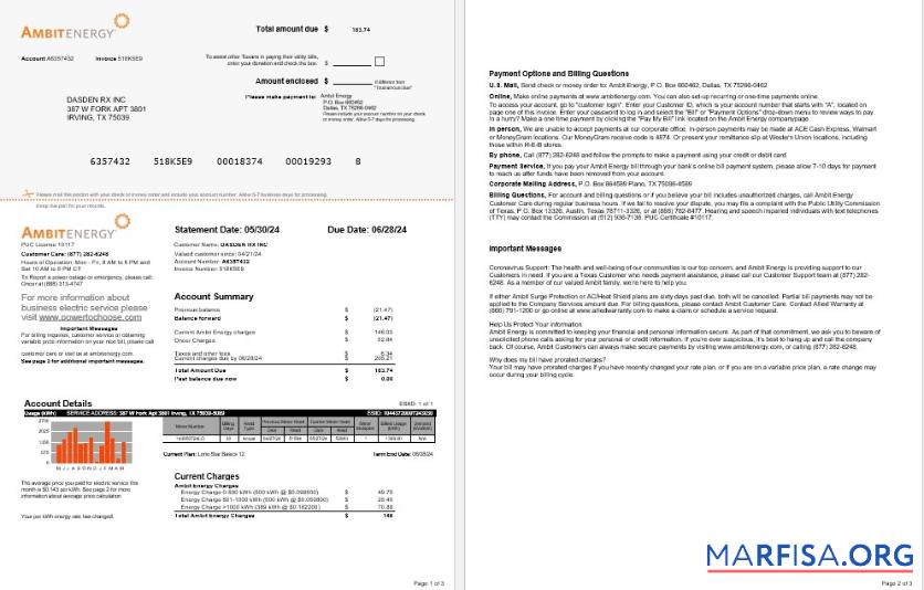 Blank USA Ambit Energy business utility bill Word and PDF template 1 2